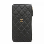 Chanel Wallet Quilted Caviar Leather Black Gold
