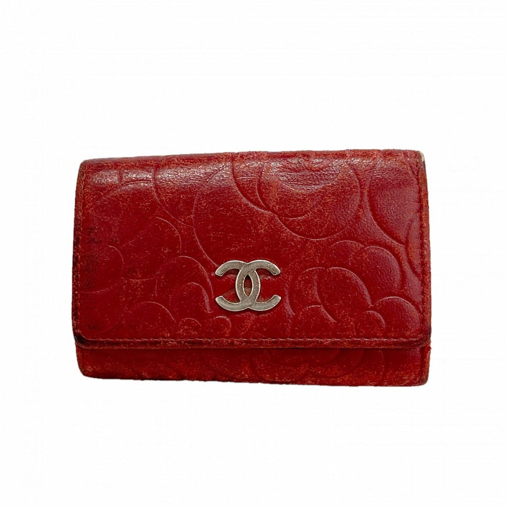 Chanel Key Case Camellia Lambskin Red Silver Key Holder