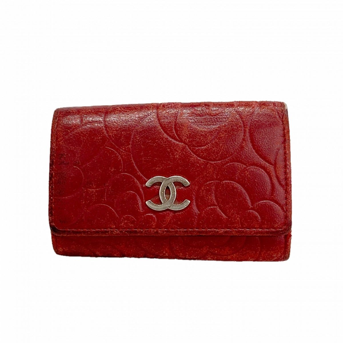 Chanel Key Case Camellia Lambskin Red Silver Key Holder