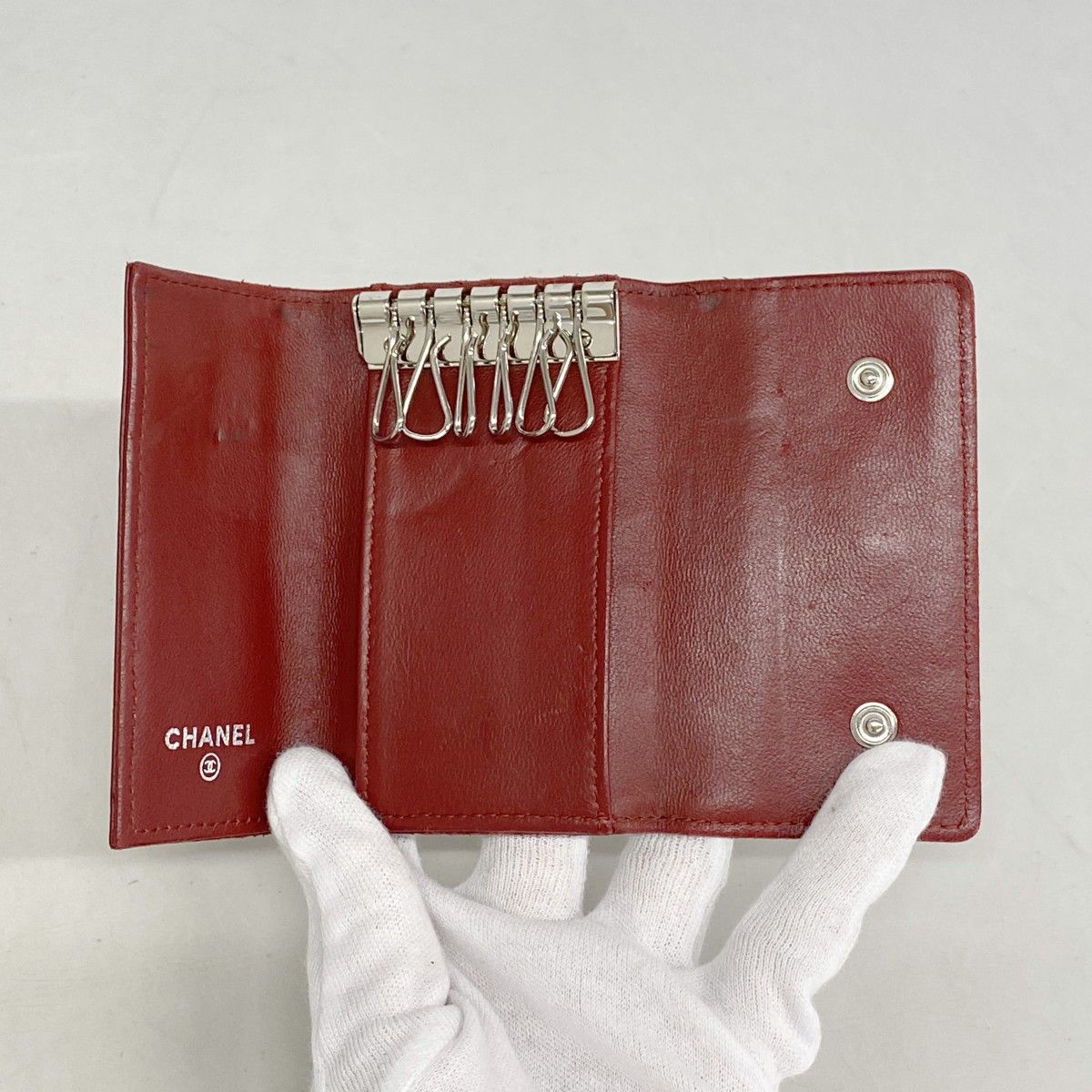 Chanel Key Case Camellia Lambskin Red Silver Key Holder — view 3