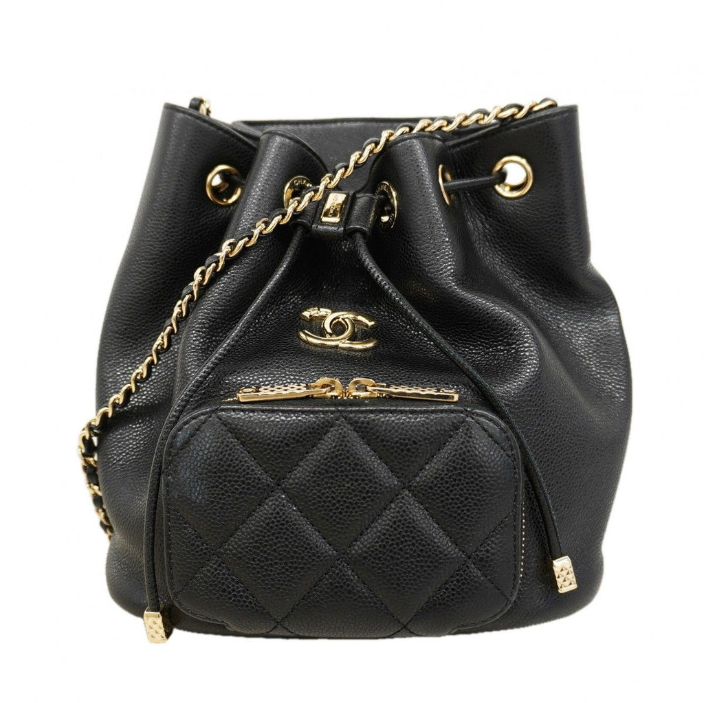 Chanel Shoulder Bag Quilted Caviar Leather Black Champagne Gold
