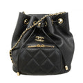 Chanel Shoulder Bag Quilted Caviar Leather Black Champagne Gold