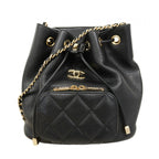 Chanel Shoulder Bag Quilted Caviar Leather Black Champagne Gold