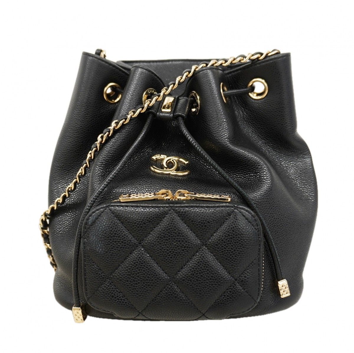 Chanel Shoulder Bag Quilted Caviar Leather Black Champagne Gold