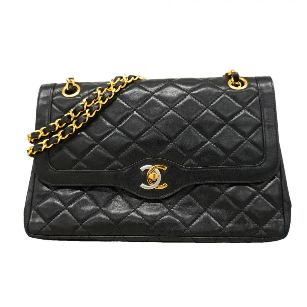 Chanel Shoulder Bag Quilted Limited Edition Lambskin Black Gold Silver