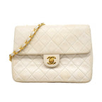 Chanel Shoulder Bag Quilted Lambskin White Gold