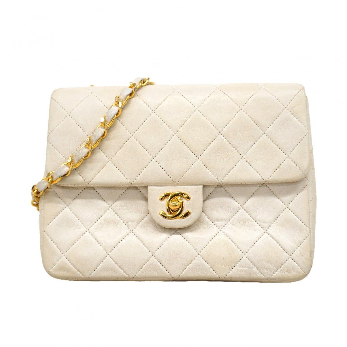 Chanel Shoulder Bag Quilted Lambskin White Gold