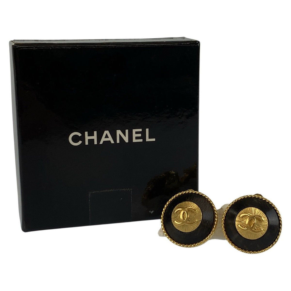 Chanel CC Logo Black Gold Wood Plated Earrings — view 7