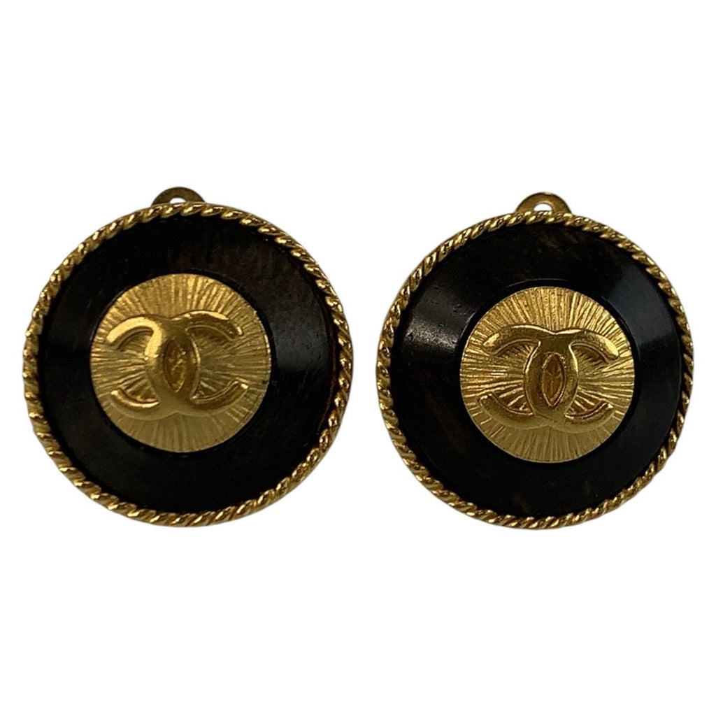 Chanel CC Logo Black Gold Wood Plated Earrings