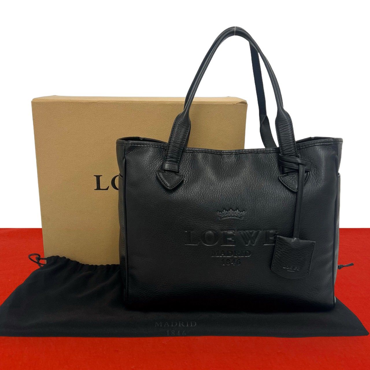 Loewe Box Heritage Logo Embossed Leather Tote Boston Bag Black