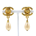 Chanel CC Logo Turnlock Motif Vintage Gold Plated Faux Pearl Earrings