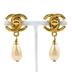 Chanel CC Logo Turnlock Motif Vintage Gold Plated Faux Pearl Earrings