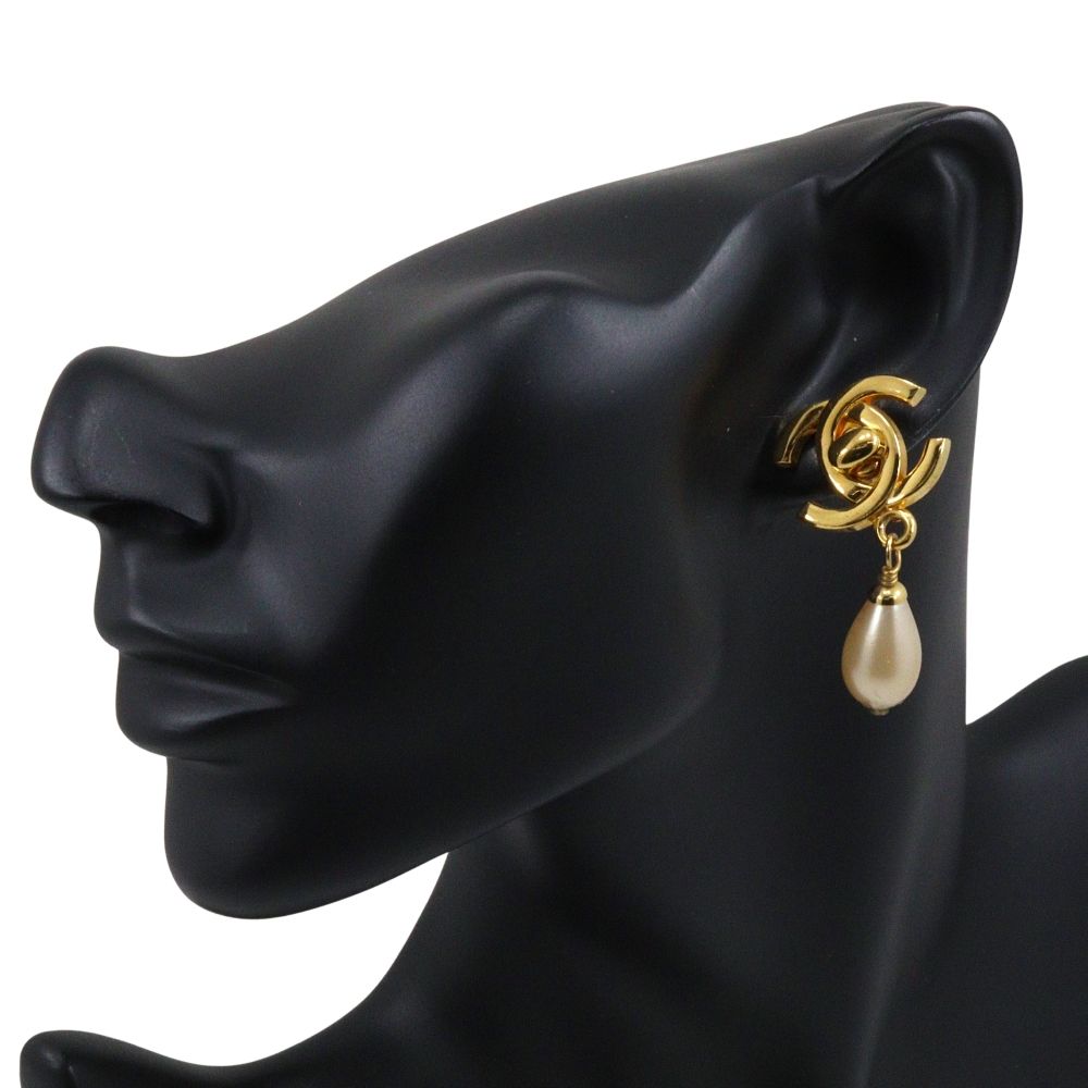 Chanel CC Logo Turnlock Motif Vintage Gold Plated Faux Pearl Earrings — view 2