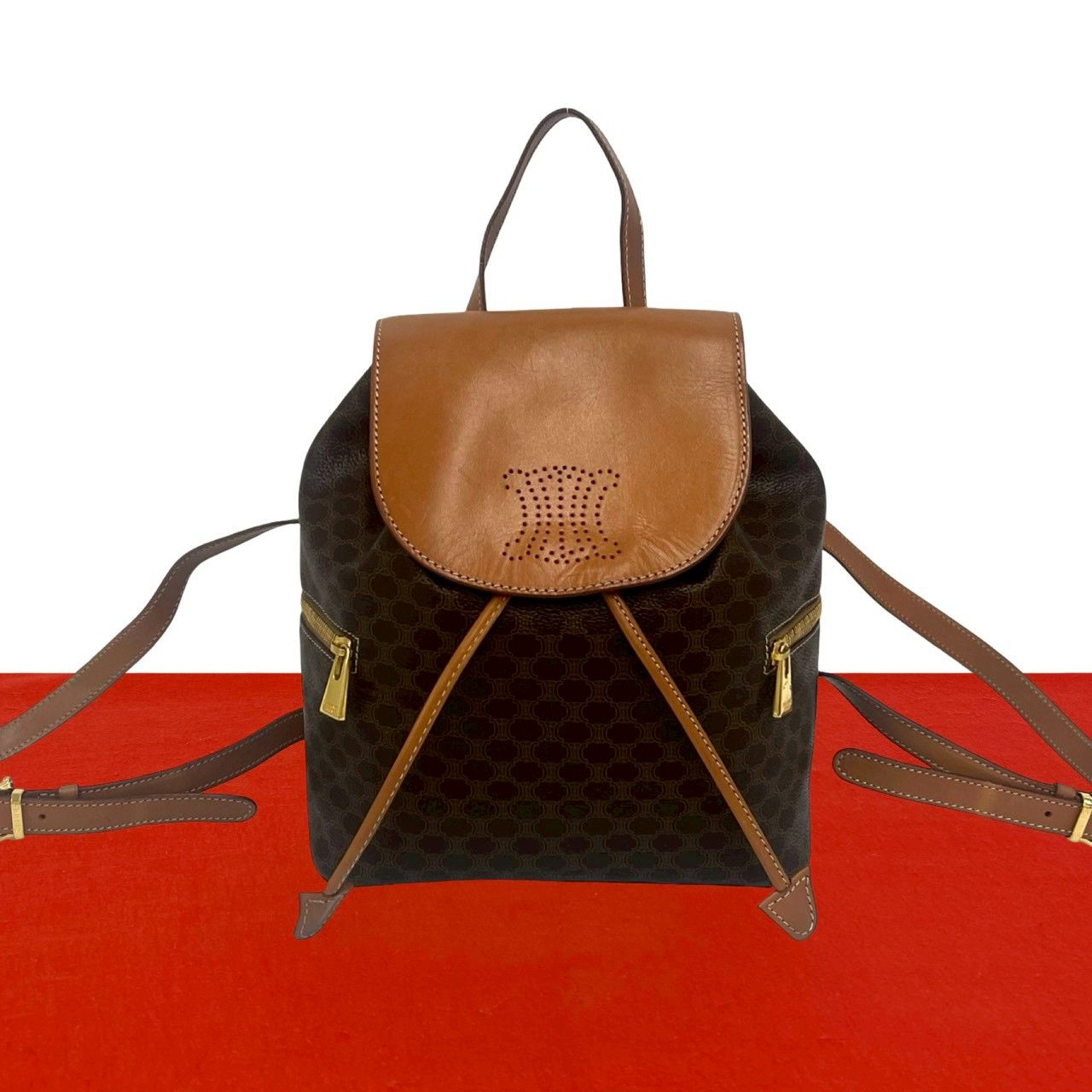 Celine Vintage Macadam Blason Triomphe Pattern Perforated Leather Drawstring