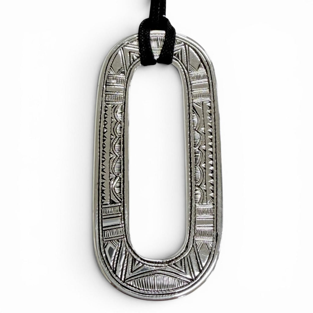 Hermes Touareg Pendant Leather Oval Necklace Silver
