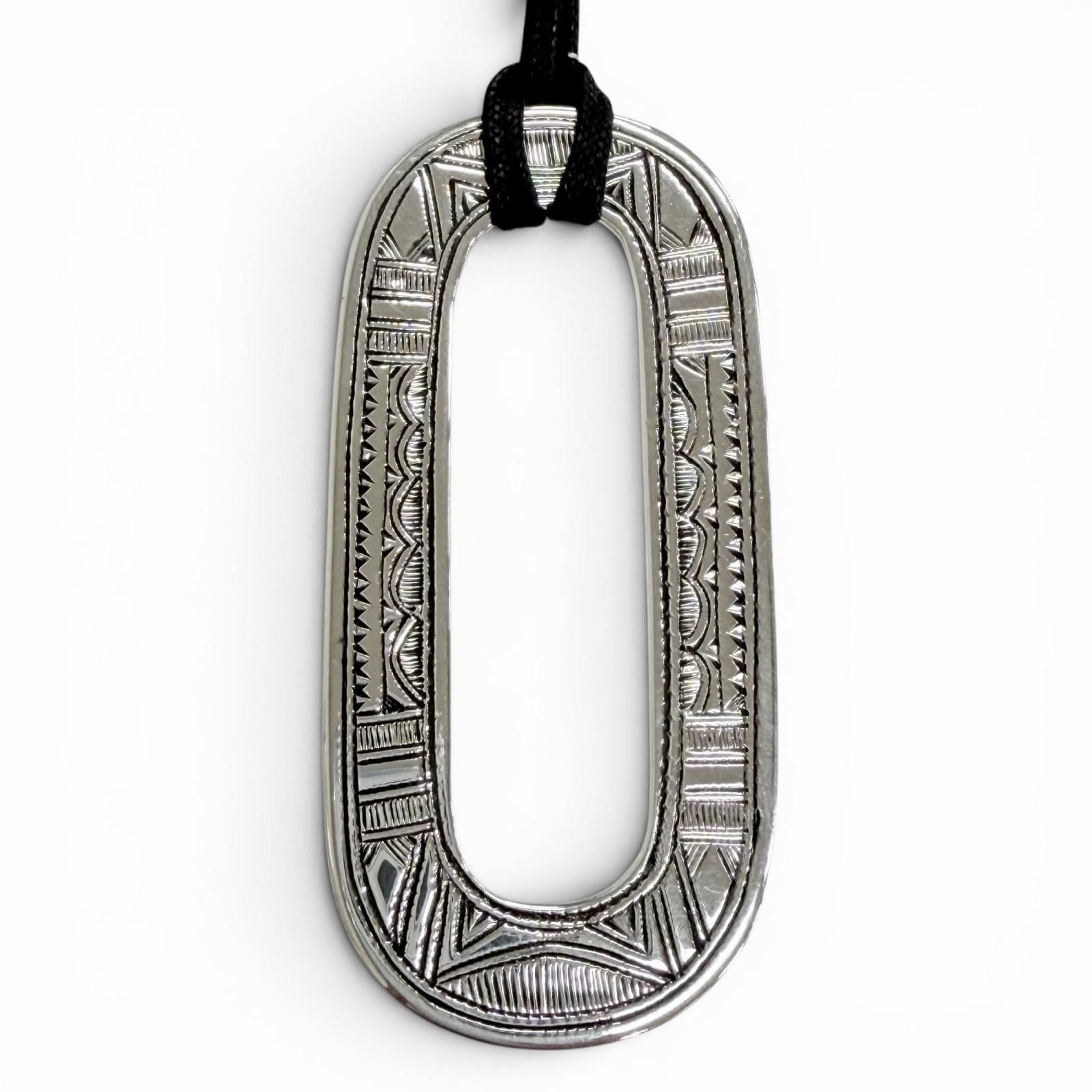 Hermes Touareg Pendant Leather Oval Necklace Silver