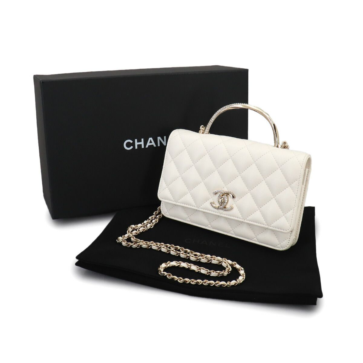 Chanel Quilted 2-Way Hand Chain Wallet Lambskin White Gold Shoulder — view 2