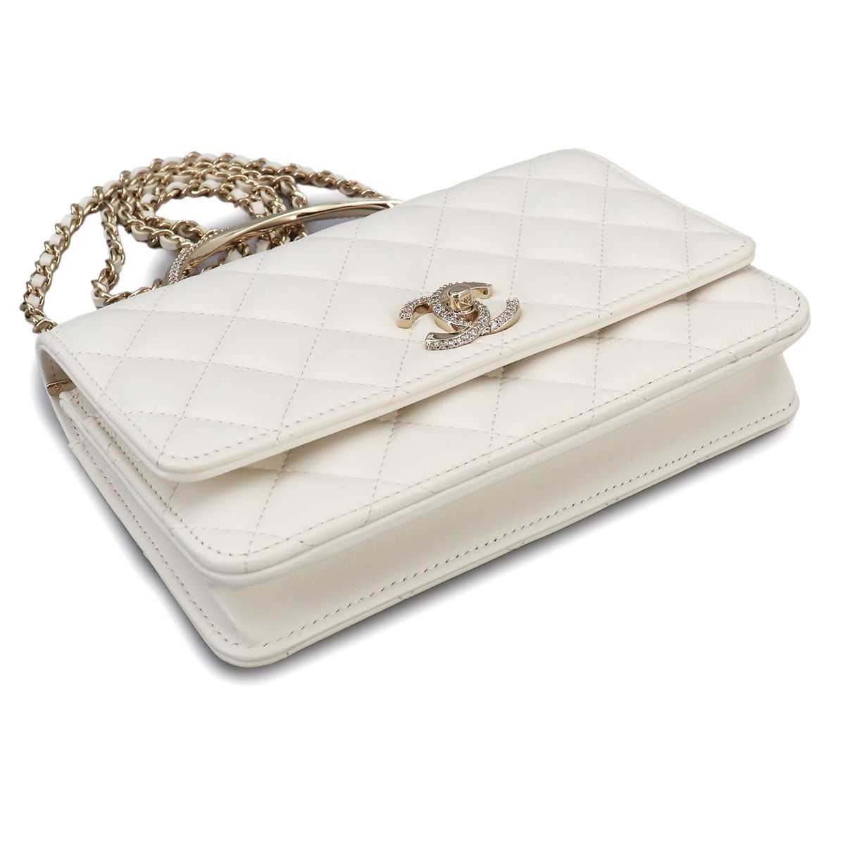 Chanel Quilted 2-Way Hand Chain Wallet Lambskin White Gold Shoulder — view 5