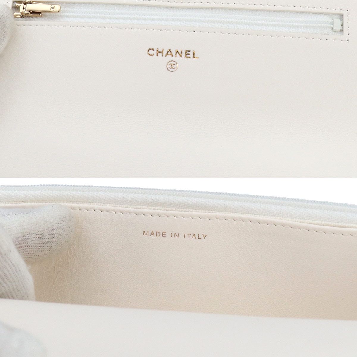 Chanel Quilted 2-Way Hand Chain Wallet Lambskin White Gold Shoulder — view 9