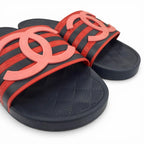Chanel CC Logo Border Pattern Rubber Slides Sandals Red Navy — view 7