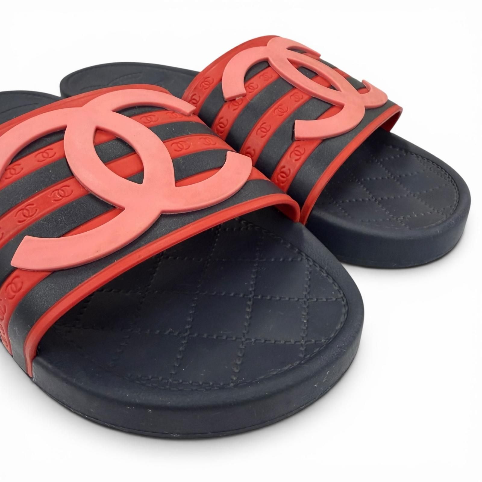 Chanel CC Logo Border Pattern Rubber Slides Sandals Red Navy — view 7