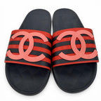 Chanel CC Logo Border Pattern Rubber Slides Sandals Red Navy — view 3