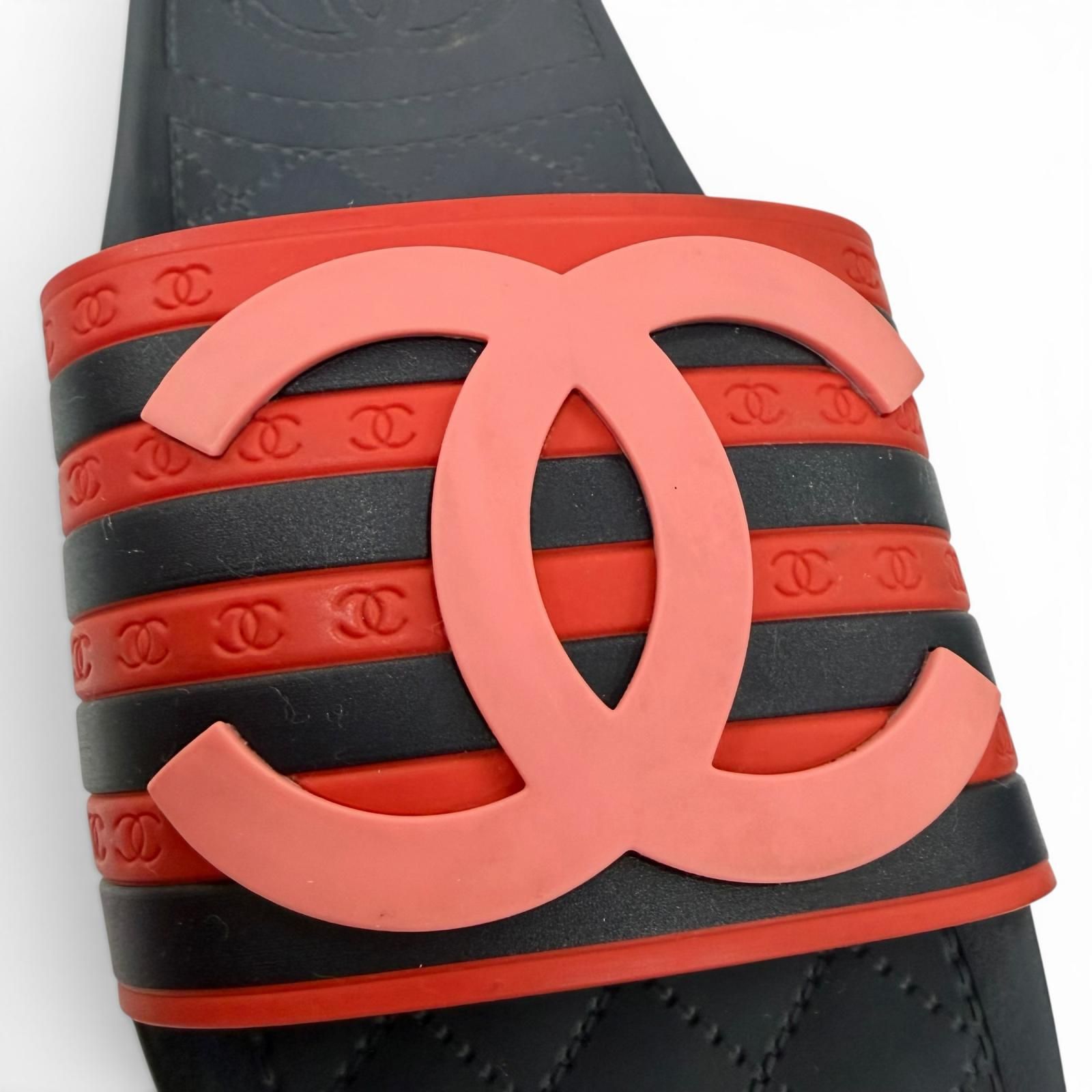 Chanel CC Logo Border Pattern Rubber Slides Sandals Red Navy — view 8