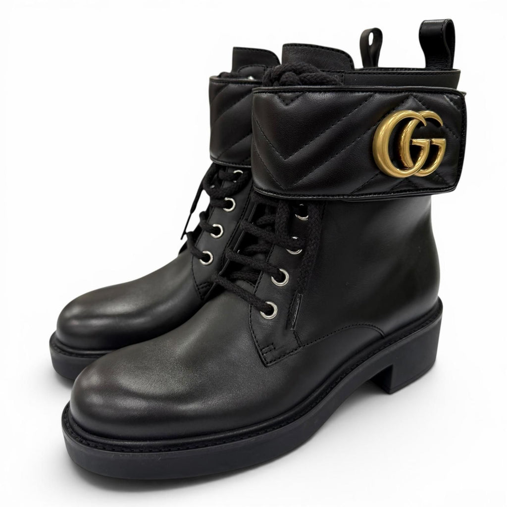 Gucci GG Marmont Leather Short Boots Black Gold 35 Boxes