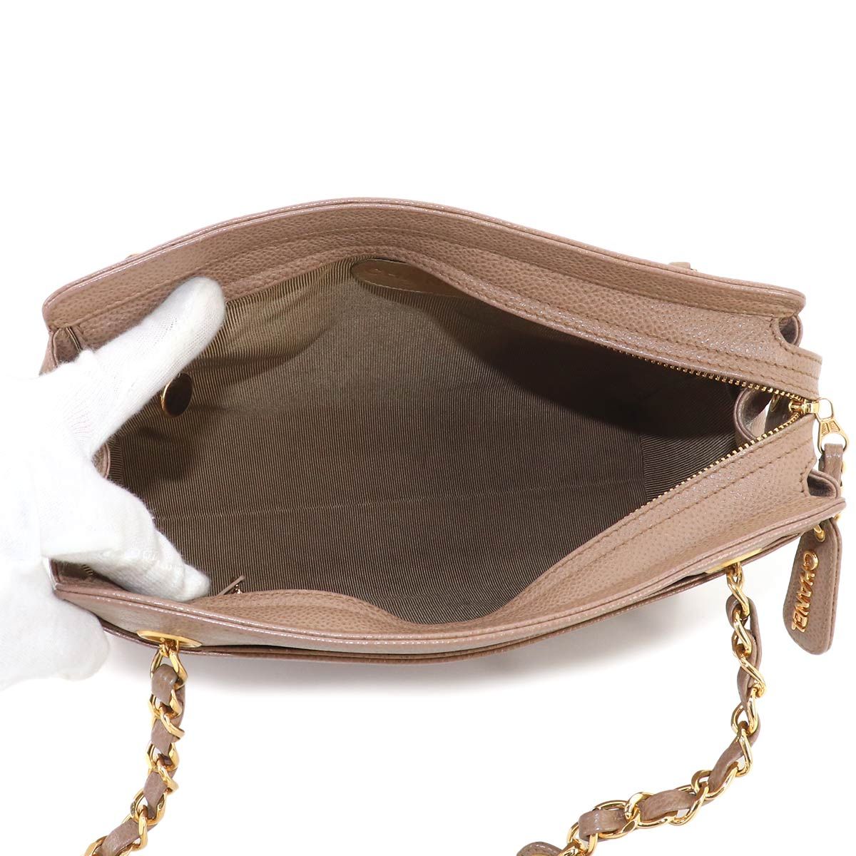 Chanel Triple Coco Chain Shoulder Bag Caviar Leather Light Brown Gold Vintage — view 7