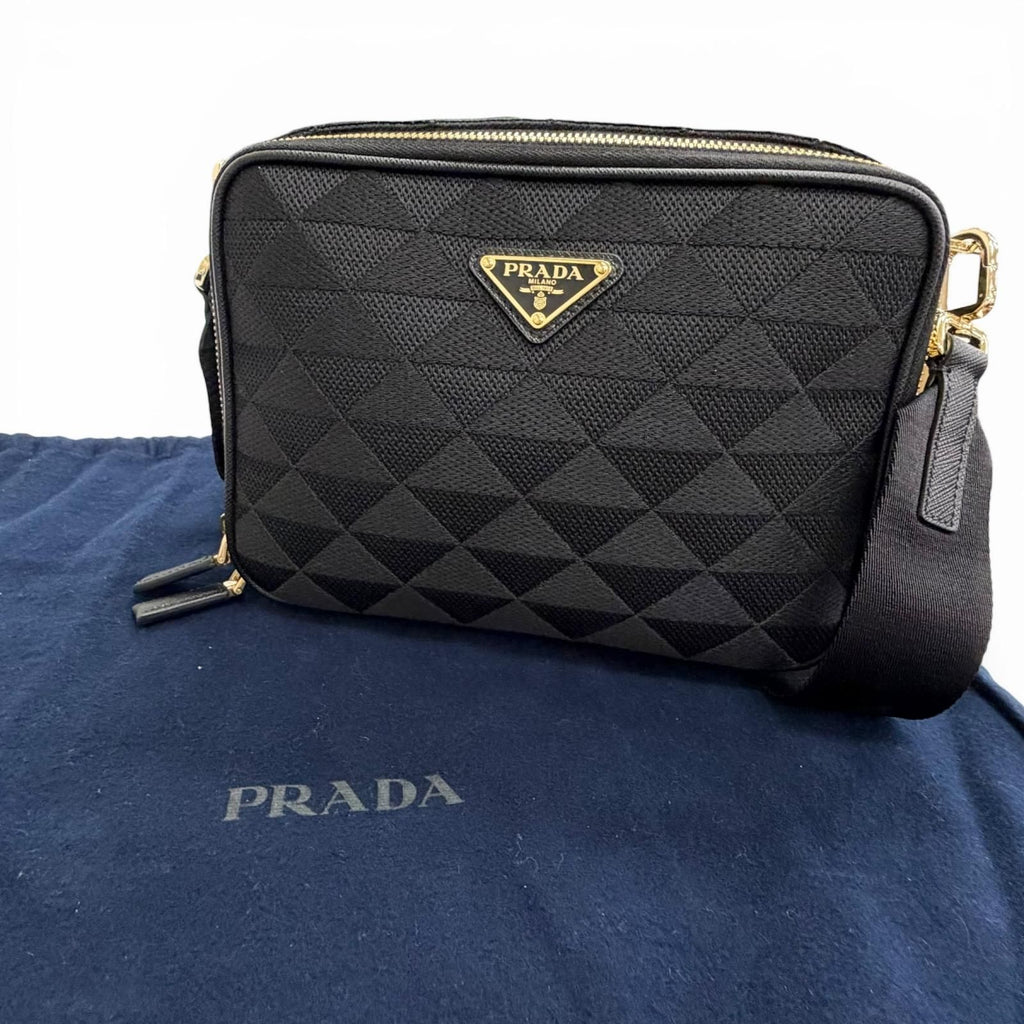 Prada Brick Triangle Logo Jacquard Leather Shoulder Bag Black — view 2