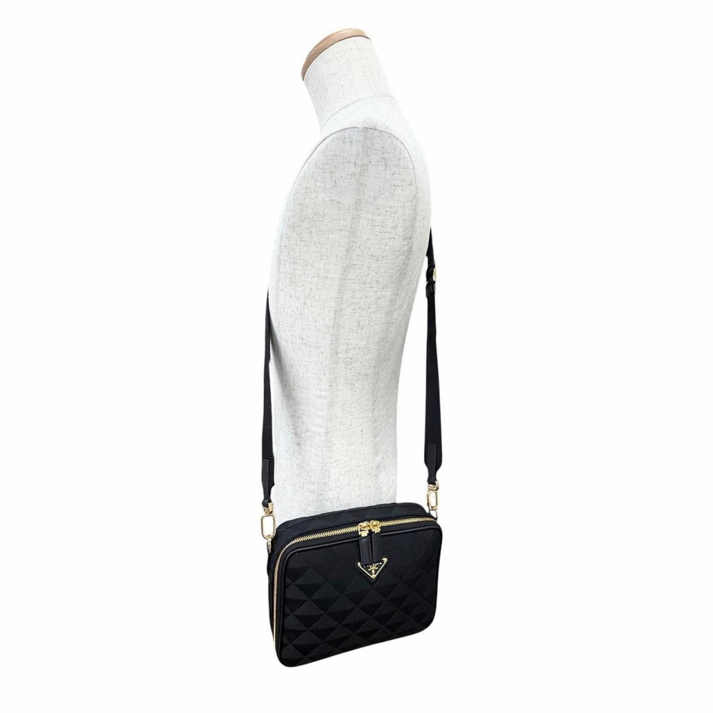 Prada Brick Triangle Logo Jacquard Leather Shoulder Bag Black — view 3