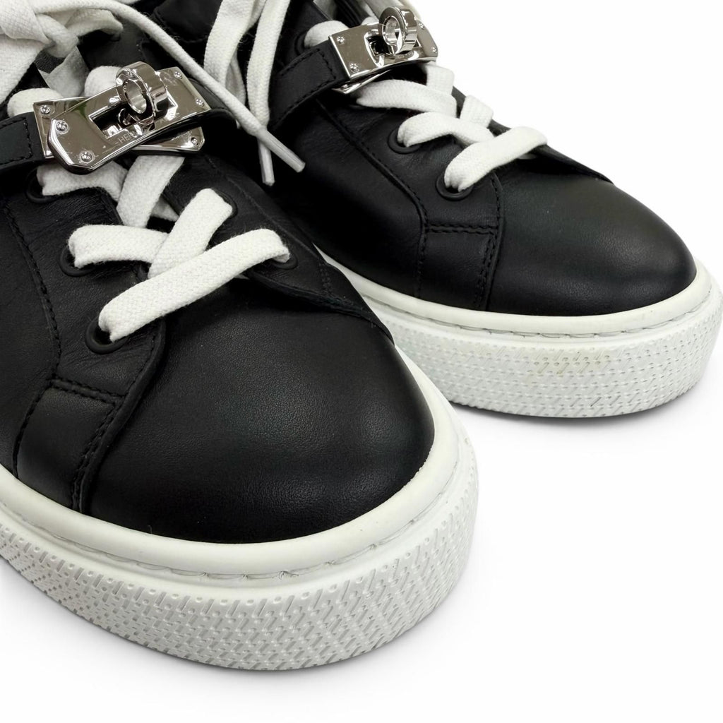Hermes Day Silver Kelly Buckle Lace Up Leather Low Cut Sneakers Black — view 7