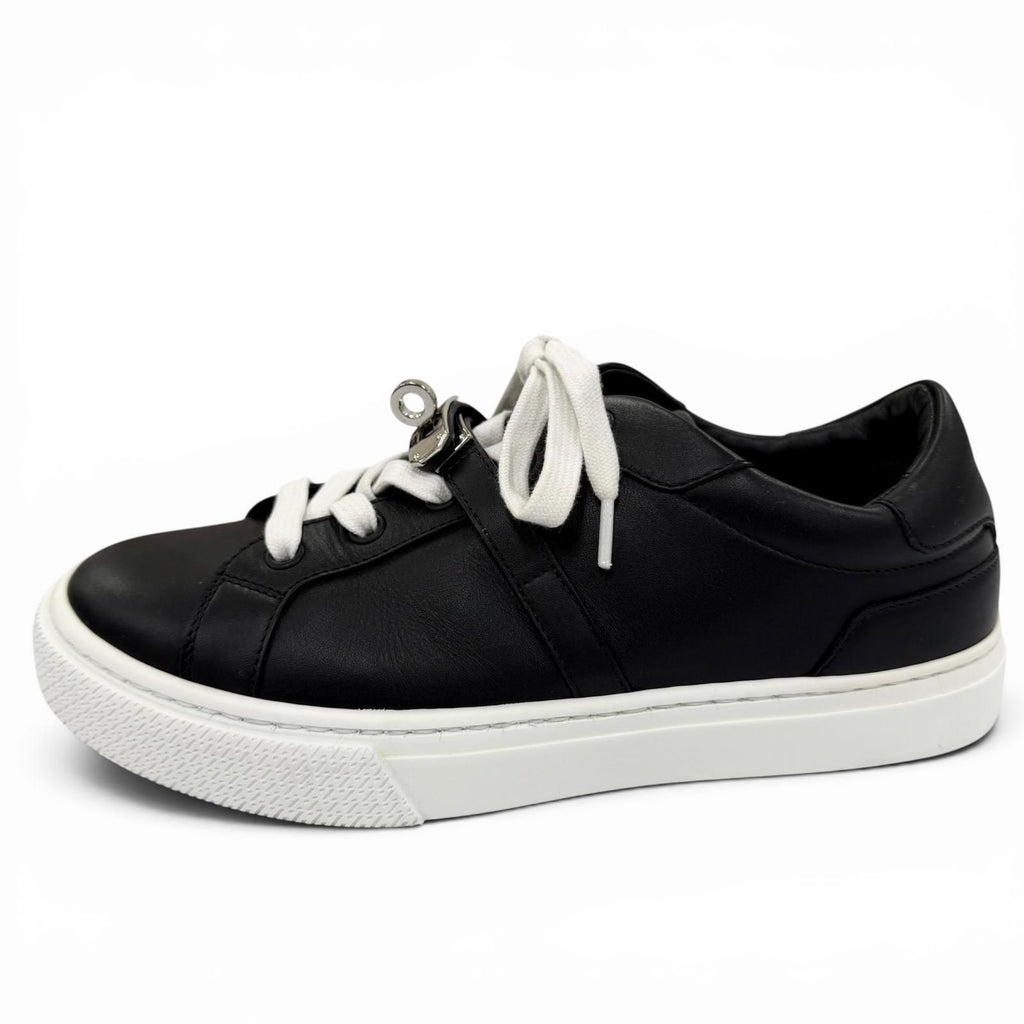 Hermes Day Silver Kelly Buckle Lace Up Leather Low Cut Sneakers Black — view 4
