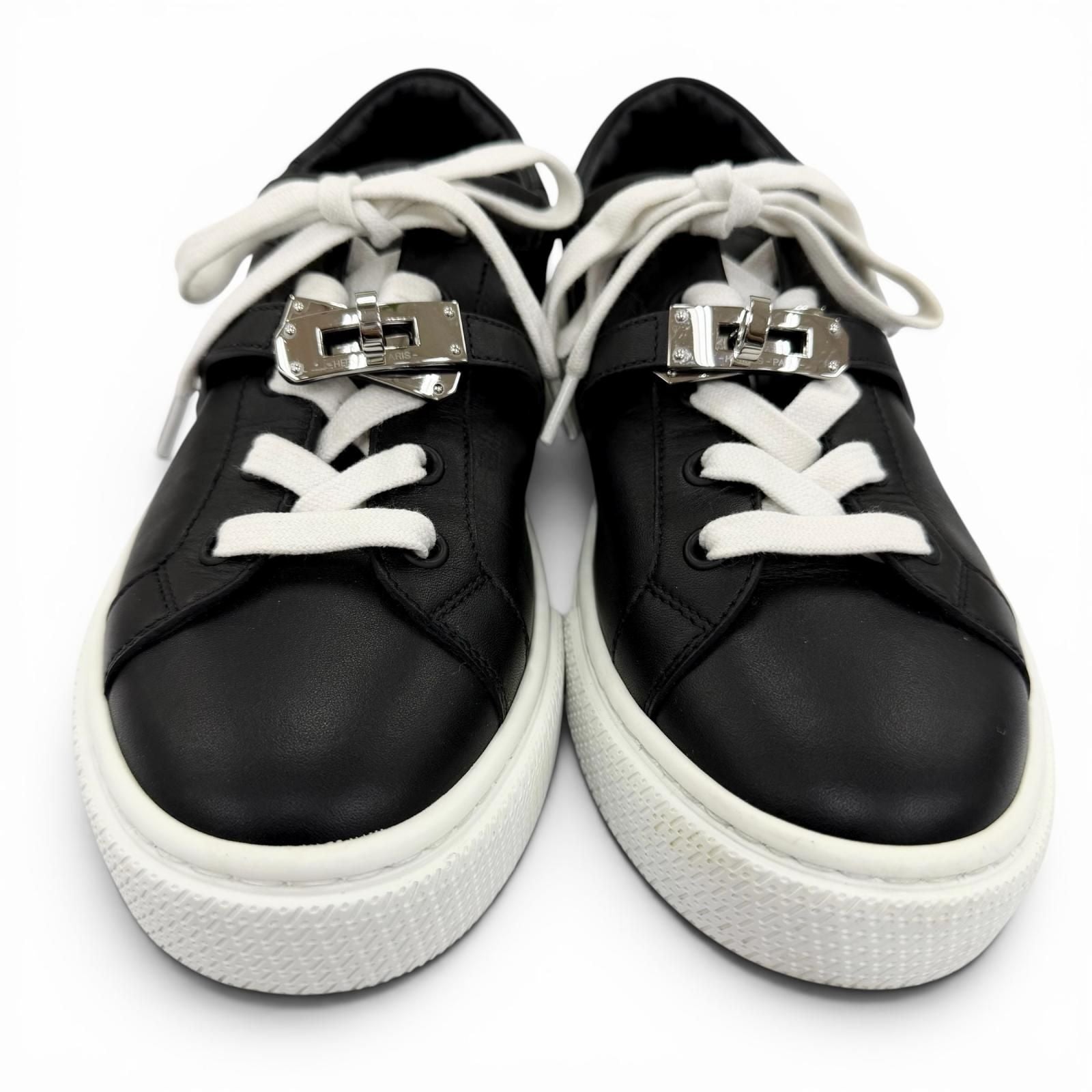 Hermes Day Silver Kelly Buckle Lace Up Leather Low Cut Sneakers Black — view 3
