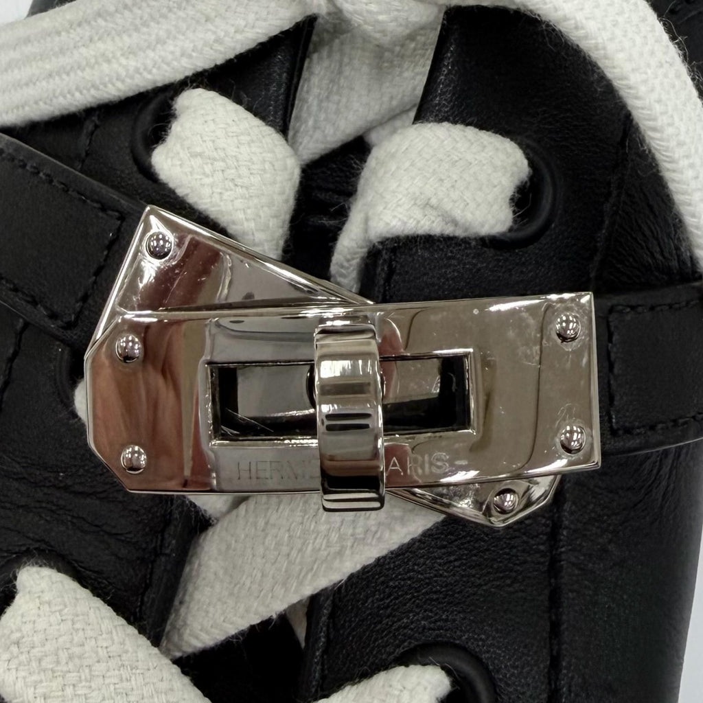 Hermes Day Silver Kelly Buckle Lace Up Leather Low Cut Sneakers Black — view 8