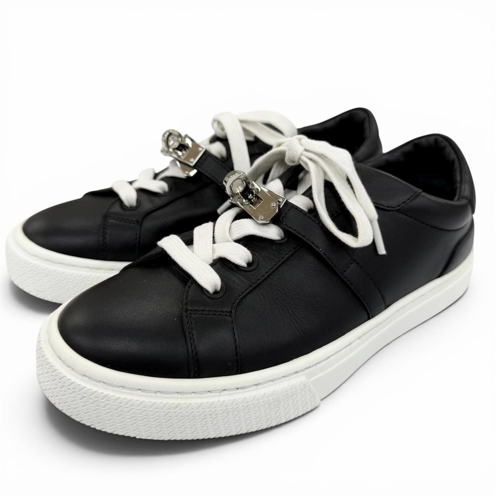 Hermes Day Silver Kelly Buckle Lace Up Leather Low Cut Sneakers Black