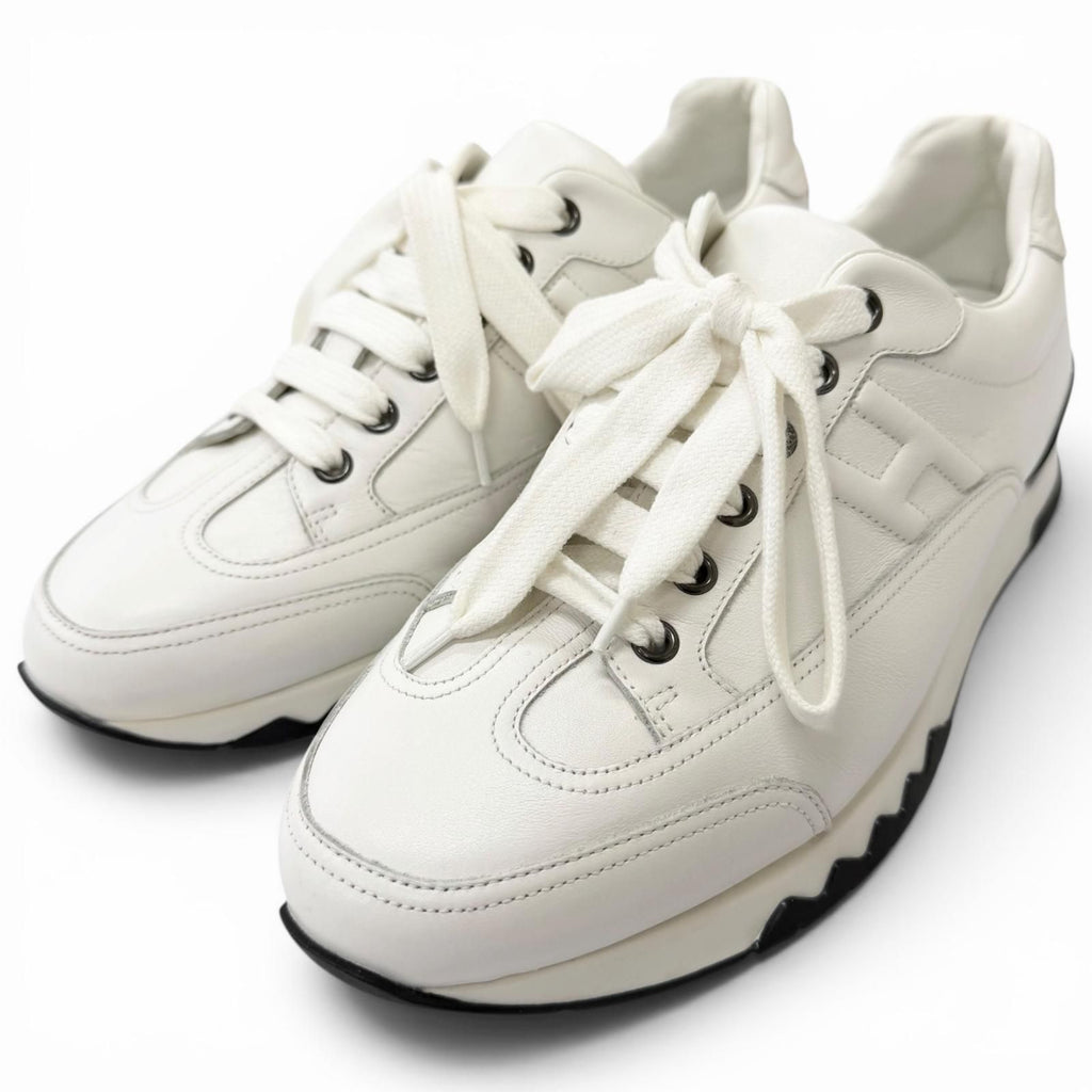Hermes Trail Leather Logo Lace Up Low Cut Sneakers White 40.5 Recommended