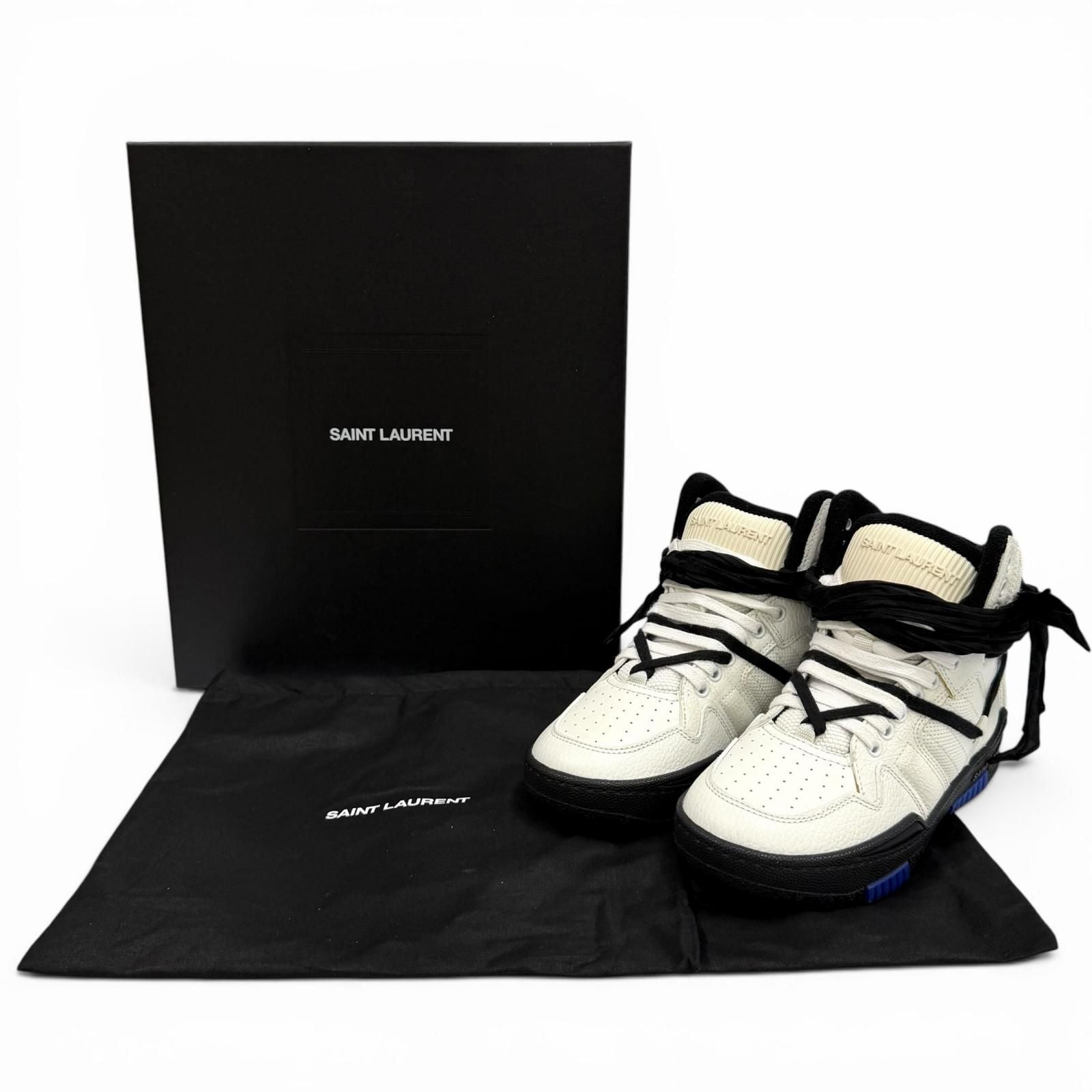Saint Laurent Smith Logo Embroidered Lace Up Leather High Cut Sneakers White — view 2