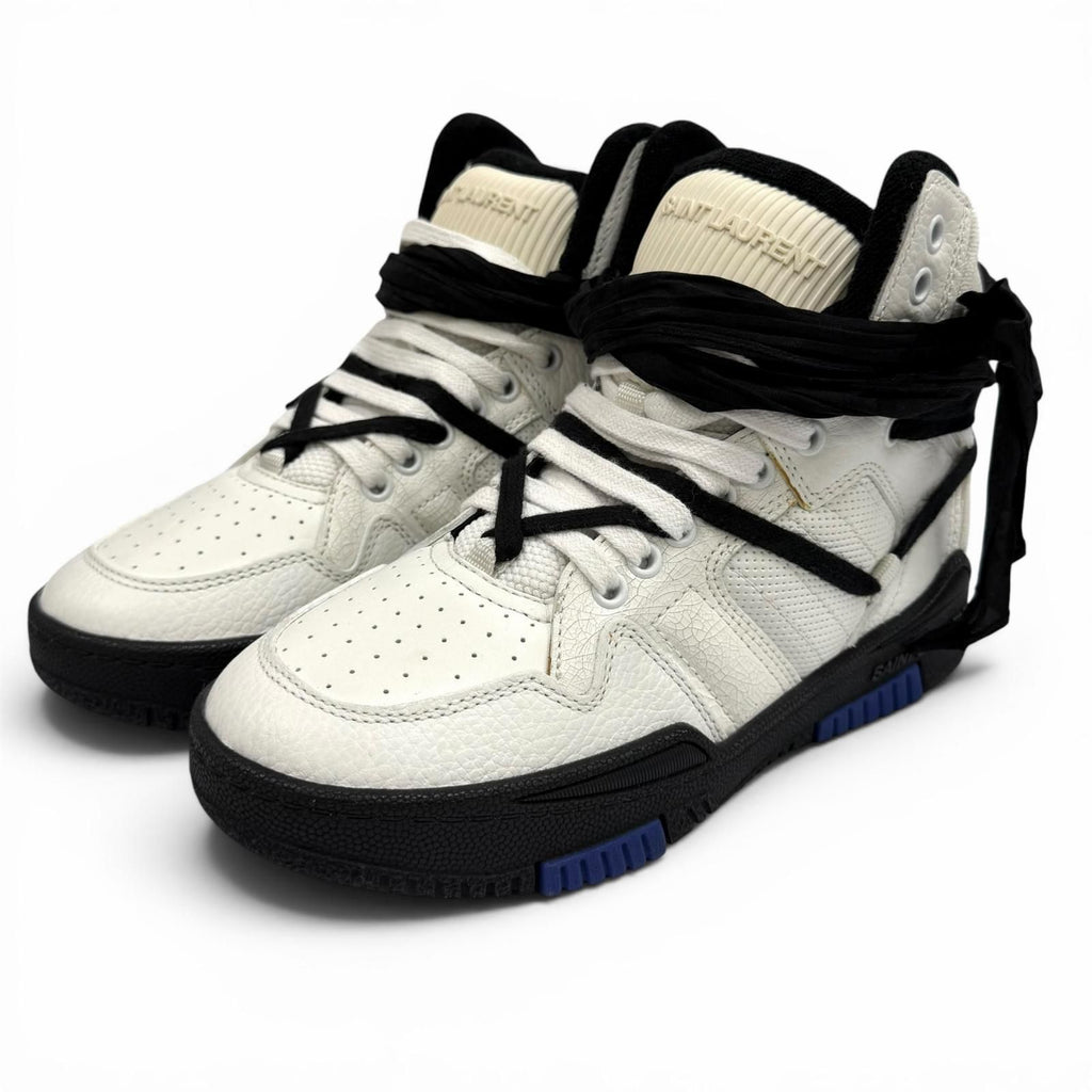 Saint Laurent Smith Logo Embroidered Lace Up Leather High Cut Sneakers White