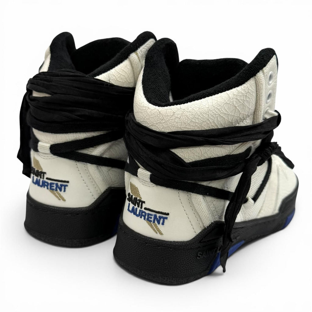 Saint Laurent Smith Logo Embroidered Lace Up Leather High Cut Sneakers White — view 3