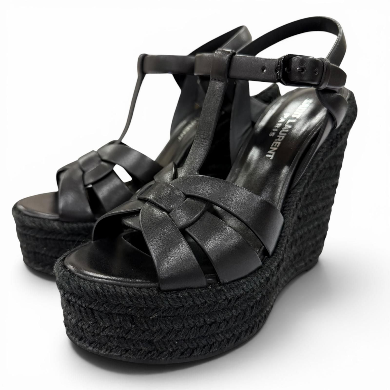 Saint Laurent Tribute Tweediso le Espadri Leather Sandals Black