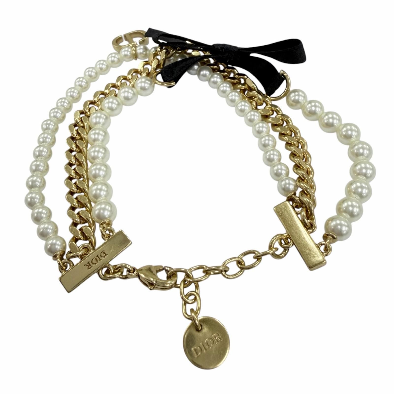Dior Montaigne 30 Toronto Ribbon Logo Faux Pearl Bracelet Gold — view 3