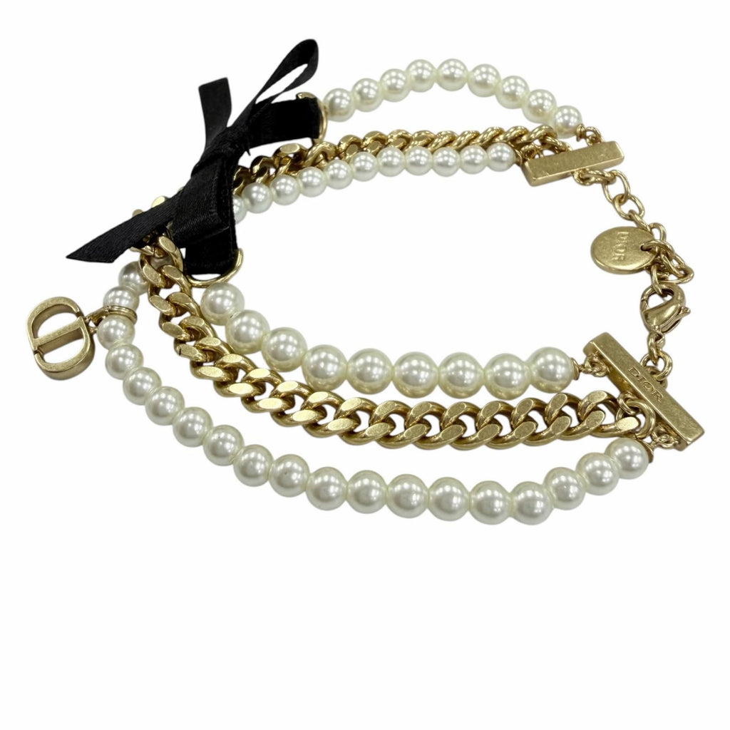 Dior Montaigne 30 Toronto Ribbon Logo Faux Pearl Bracelet Gold — view 2