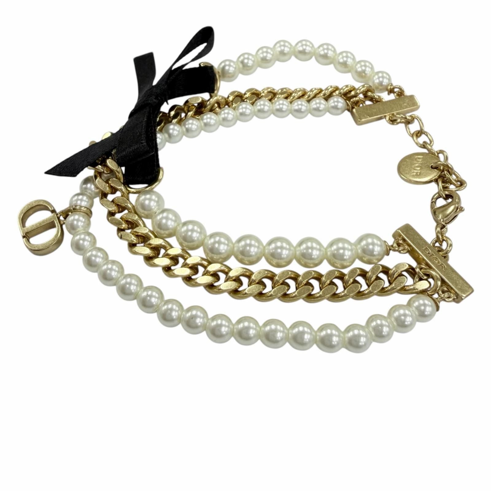 Dior Montaigne 30 Toronto Ribbon Logo Faux Pearl Bracelet Gold — view 2