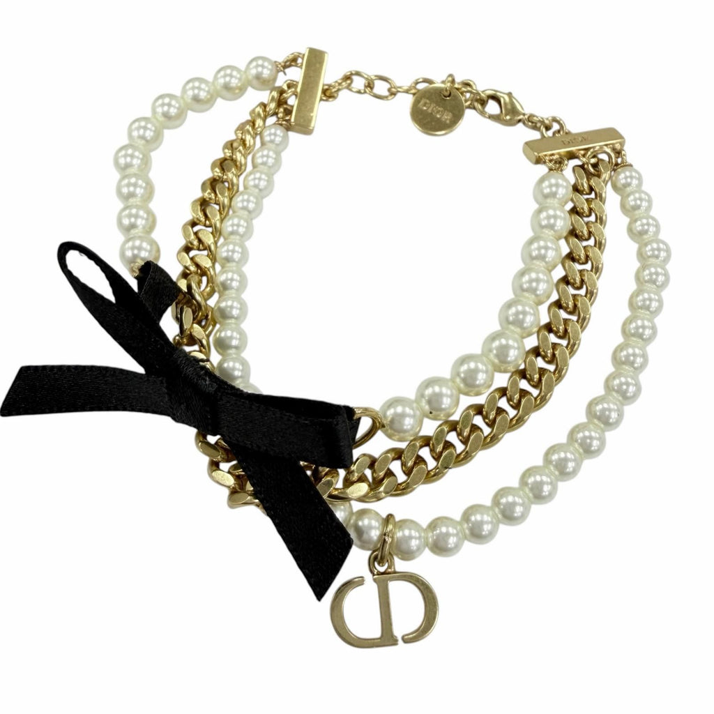 Dior Montaigne 30 Toronto Ribbon Logo Faux Pearl Bracelet Gold