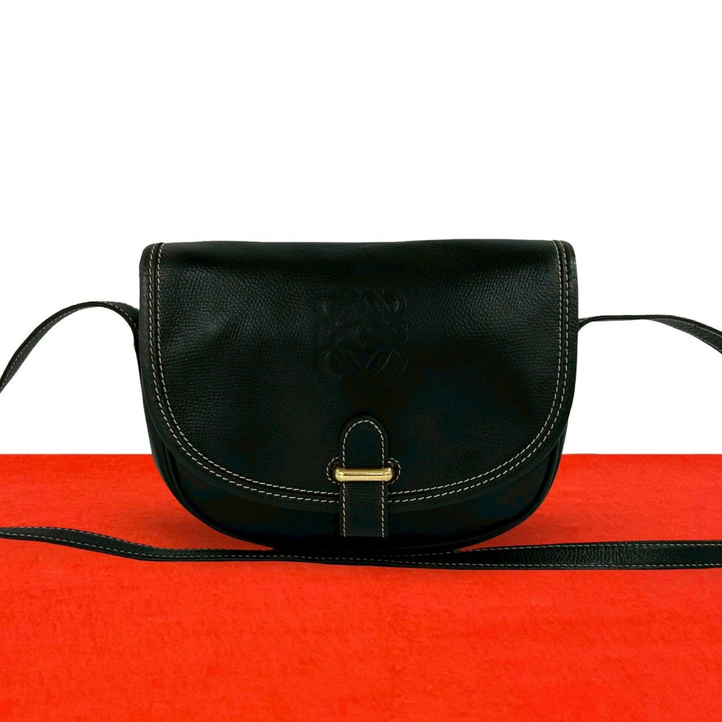 Loewe Vintage Anagram Logo Leather Shoulder Bag Pochette Crossbody Black