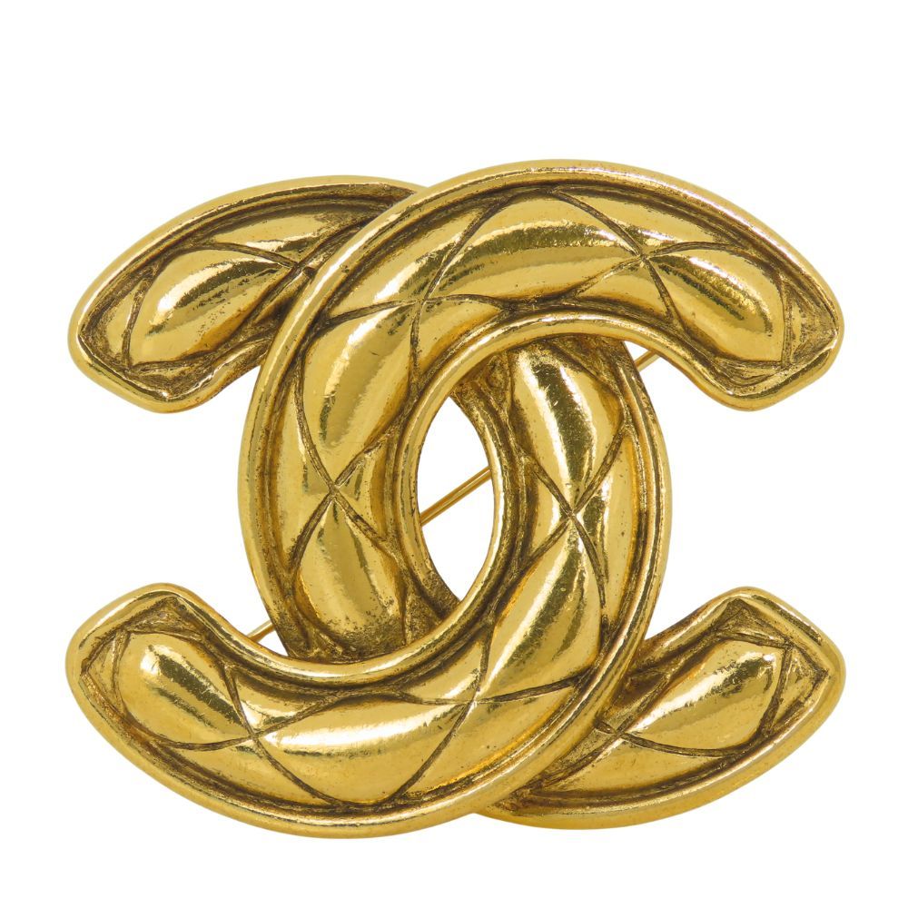 Chanel Brooch CC Logo Quilted Stitch Large Metal Gold Plated