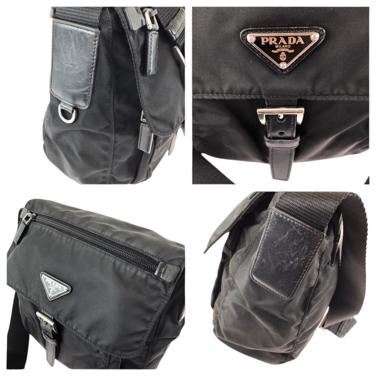 Prada Tessuto Black Silver Nylon Leather Shoulder — view 5