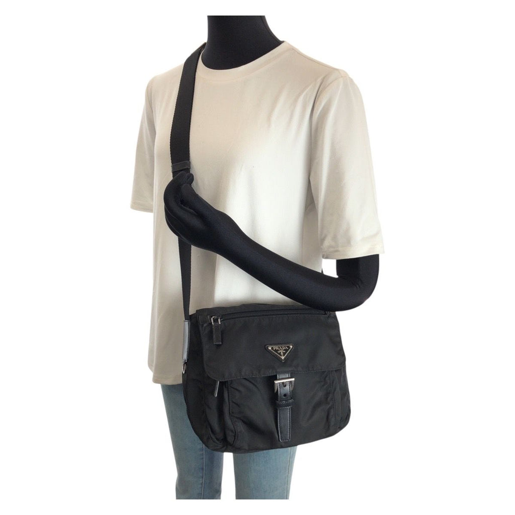 Prada Tessuto Black Silver Nylon Leather Shoulder — view 7