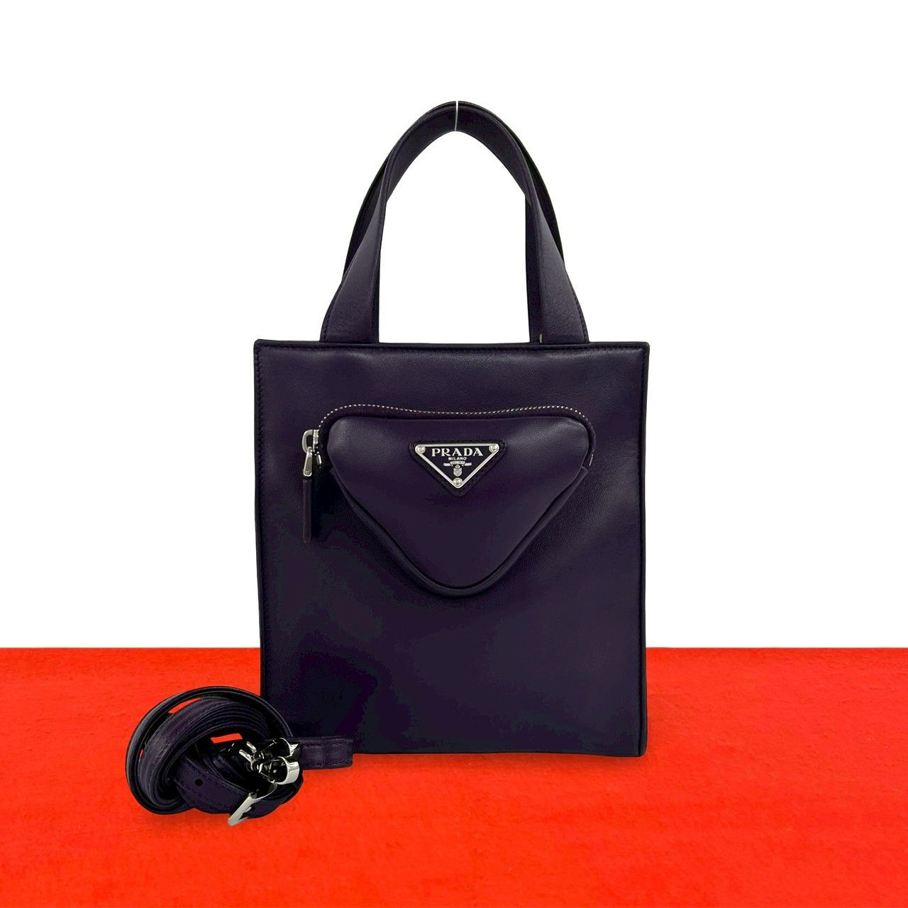 Prada Triangle Logo Nappa Leather 2-Way Shoulder Bag Mini Tote Purple